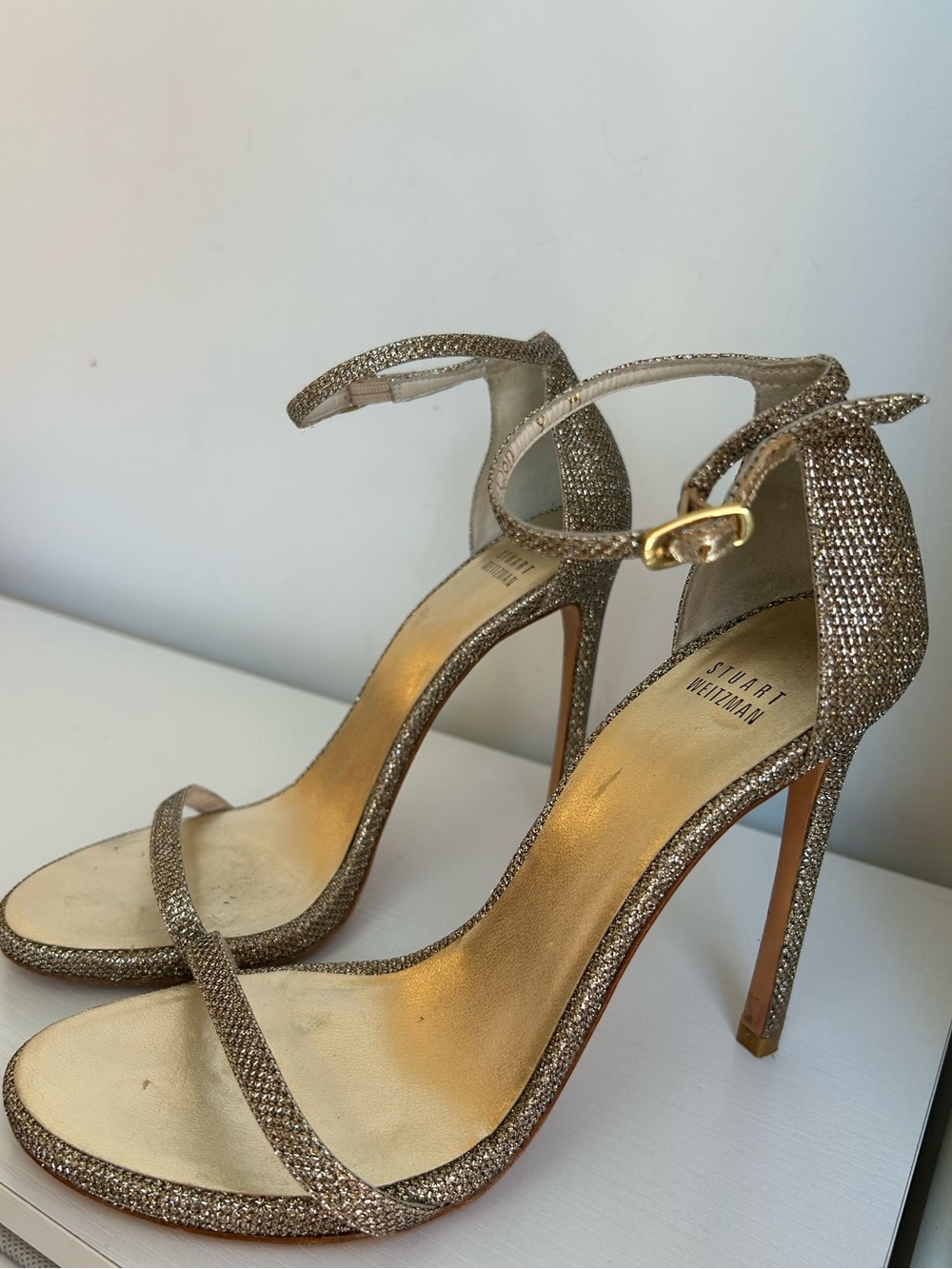 Stuart Weitzman Nudist Stiletto Sandals Shimmer Gold Size 9